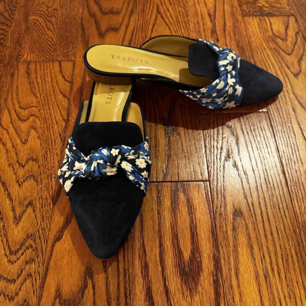Talbots Edison Knot Mules Suede Sateen‎ Leather Slip On Flats Womens 8 Floral